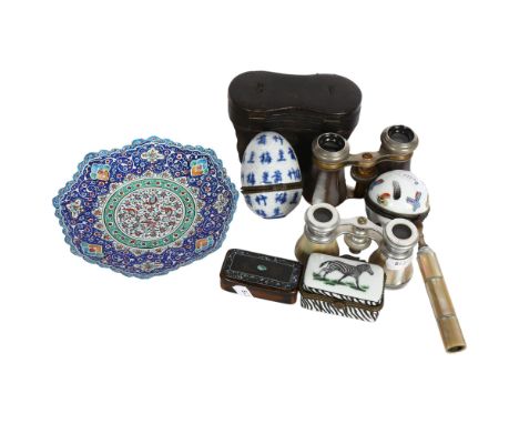 A group of interesting items, to include a 2 pairs of unmarked Vintage opera glasses, 1 with associated case, several porcela