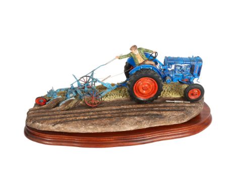 Border Fine Arts sculpture of man and tractor "at the Vintage", on wooden plinth, L39cm overall, with certificate of authenti