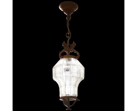 An Antique brass and glass panelled lantern style light fitting, with figural female bust sculptured decoration, drop 65cm 