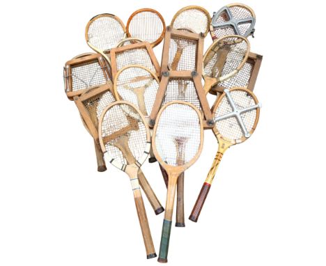 Various Vintage tennis rackets and presses, including Dunlop 