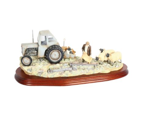 Border Fine Arts limited edition sculpture of a man with Ferguson tractor and sheep, "frosty morning", 192/1750, on wooden pl