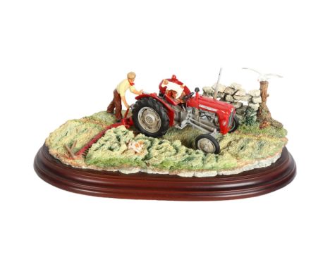 A Country Artists sculpture of a man and Terriers with tractor "first cut", by Keith Sherwin, 375/850, on wooden plinth, L32c