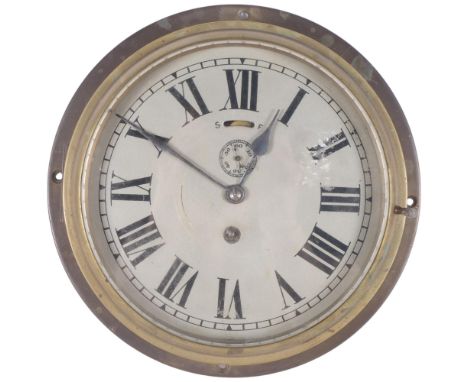 A brass-cased ship's bulkhead clock, overall diameter 24cm 