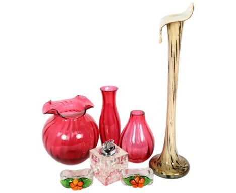 A quantity of glassware, including a group of cranberry colour glass vases, a cubed glass lighter, and a fluted glass vase, H