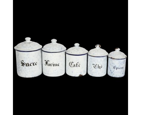 A graduated set of Vintage French enamel kitchen storage jars and covers, largest Sucre, H18cm 