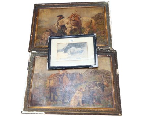 A group of 3 Antique pictures and drawings, including 2 oils on paper, depicting 2 hunting and game scenes, both appear to be