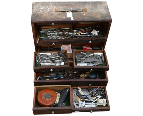 Vintage wooden engineer's cabinet, with drawer-fitted interior and tools, W46cm 