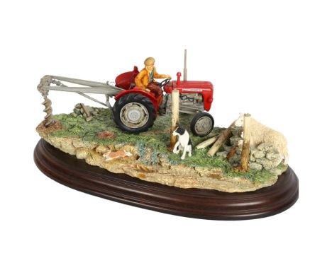 Country Artists sculpture, depicting a tractor driver with Collie and sheep, "securing the field", 197/850, on wooden plinth,