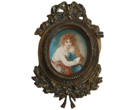 A 19th century oval miniature, watercolour on ivory panel, mother and child embracing, mounted in a ribbon and floral frame, 