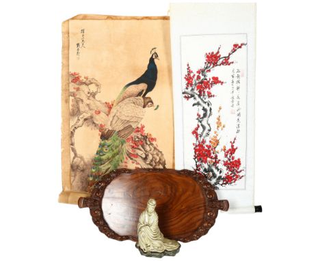 2 Oriental scrolls, a Chinese carved hardwood tray, L60cm, and a Chinese ceramic figure 