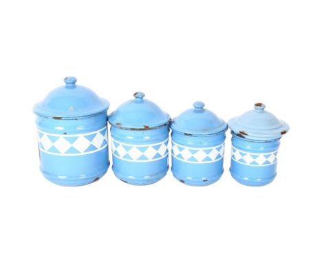 A graduated set of Vintage French enamel kitchen canisters, largest height 18cm4 in total, the smallest of the graduated set 