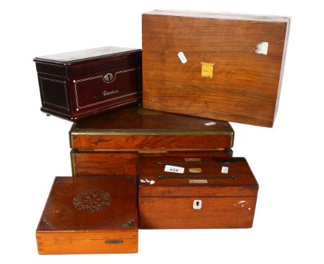 A brass-bound writing slope, and another (locked), a modern tea caddy, a box with carved wood lid, and a desk-top letters box