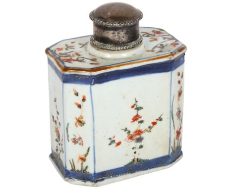 An 18th century Chinese caddy, with painted and enamelled decoration, and plated lid, H11cmGood overall condition, no obvious