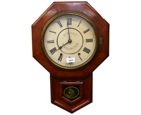 F C Scott, Wallington, a mahogany-cased octagonal drop-dial 8-day wall clock, L53cm, complete with key and pendulum, not seen