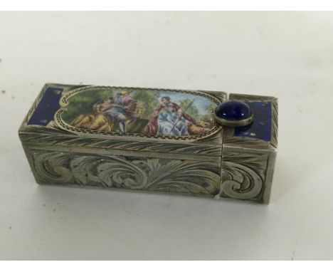 A Quality Continental silver (800) lipstick holder decorated with an enamel oval with figures and engraved silver parcel gilt