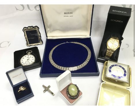 A collection of jewellery including a boxed silver gate link necklace, watches, silver frame etc . Postage category B
