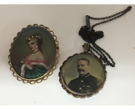 A 9carat gold brooch of oval shape with a portrait of a lady with applied stones and one other vintage double sided portrait 
