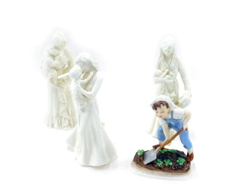Three Royal Worcester figures, comprising First Kiss, New Arrival, Once Upon a Time, and a Royal Worcester Saturday's Child W