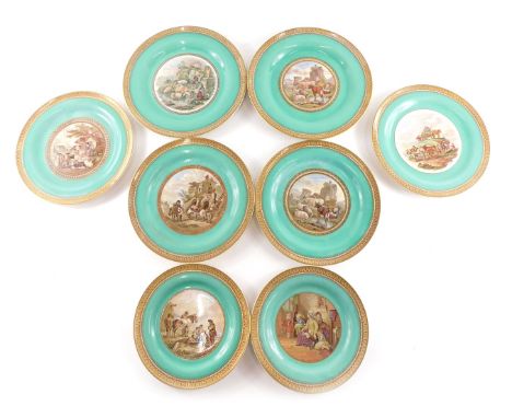 A quantity of 19thC Prattware plates, each printed with various scenes, some retailed by Temple and Crook, London, etc., each