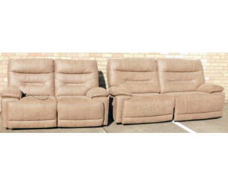 An electric reclining three seat sofa, upholstered in brown suede type fabric, 207cm wide, and a matching smaller sofa, 163cm