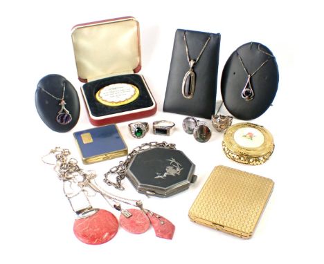 Silver and other costume jewellery, comprising coral and silver necklaces, enamel brooch, Art Deco plated compacts, silver dr