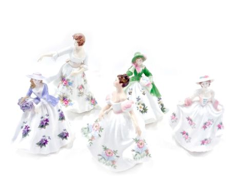 Five Royal Worcester and Doulton ladies, comprising Sweet Holly, Sweet Violet, Sweet Rose, Royal Doulton Lucy, Royal Doulton 