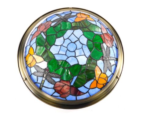 A Tiffany style domed ceiling light, with a chrome outer border, with blue mosaic shade set with flowers and dragonflies, 37c