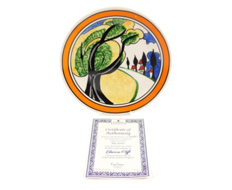 A Wedgwood Bizarre by Clarice Cliff cabinet plate, The Best Love Landscapes, numbered 22260, 26cm diameter, boxed. 