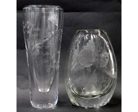 Two etched glass vases, comprising dolphin and fish, 21cm high, and fantail fish in seaweeds, 17cm high, unsigned, possibly O