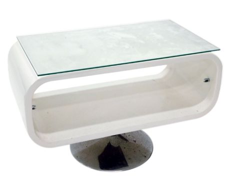 A 1970s/80s preformed coffee table or tv stand, with glass under shelf and circular chrome base, 48cm high, 80cm wide.