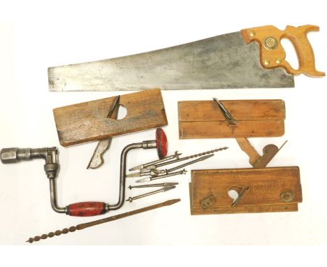 Woodworking tools, comprising saw, hand drill, etc. (a quantity)