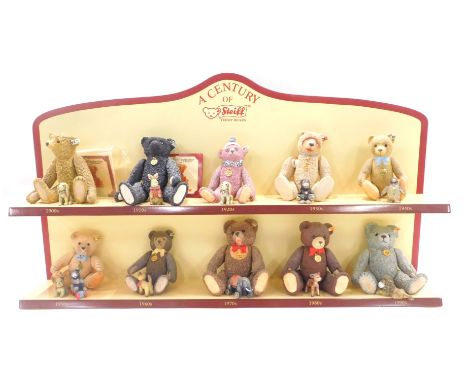 The Enzo Steiff Collection Century of Bear ornaments, comprising 1910, 1966, 1950, 1984, 1990, 1970,1900, 1930, 1920, and 194