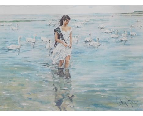 After Gordon King (British, b.1939). Swan Maiden, limited edition print 114/750, signed, 47cm x 58.5cm 