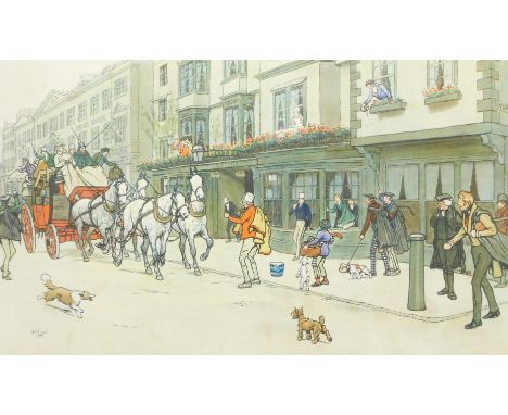 After Cecil Aldin. A coloured print of Hotel Mitre, coaching scene entitled Ode Old Coaching Inns, in green moulded frame, 35