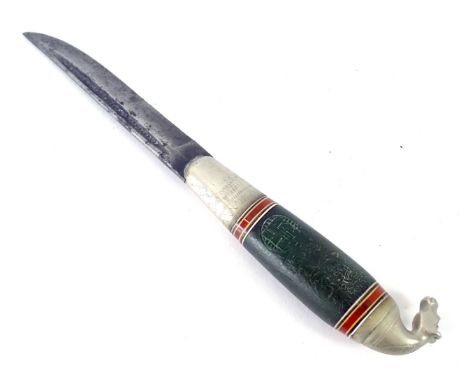 A German Third Reich related knife, with a stainless steel handle moulded with a horse, with green leather scabbard with mark