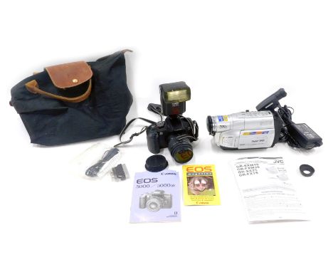 A Canon EOS 5000 camera, with a 52mm zoom lens, Cobra 440 AFC dedicated auto focus, cabling, etc., together with a JVC Super 