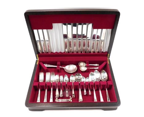 A Bexfield of Sheffield stainless steel cased canteen of cutlery, in the Art Deco style for eight place settings, some missin