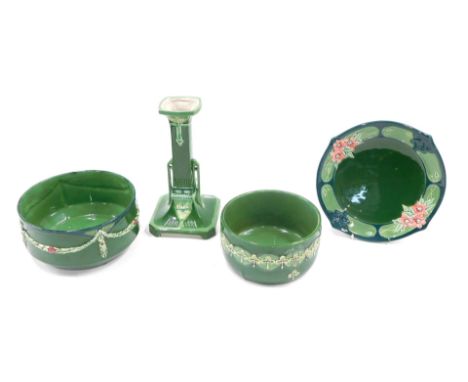 Art Nouveau style Eichwald items, on a green ground, comprising two bowls, candlestick and a cabinet plate. (4) 