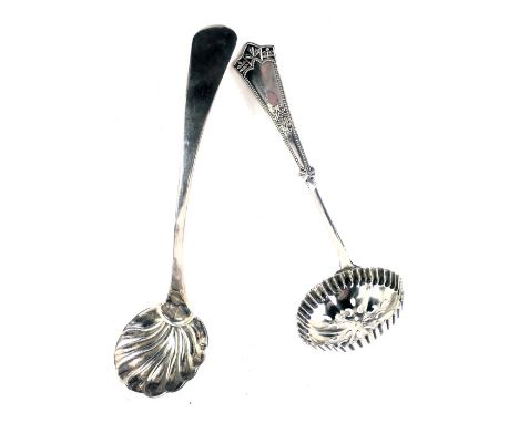 A George V tea strainer, with petalated border and a Victorian shell capped bowl and fiddle pattern toddy ladle, 1.30oz. (2) 