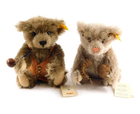 Two Steiff mohair Teddy bears, in waistcoat smoking a pipe, called Grandma and Grandpa 27, serial number 654527, with labels 