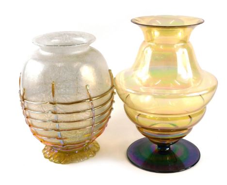 Two Art Glass vases, comprising a silvered and opalescent basket vase, with applied orange and yellow flash detailing, 27cm h