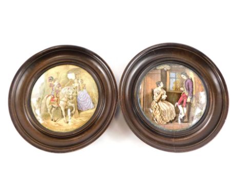 A pair of 19thC Prattware pot lids, comprising Consent She Replied if you Promise, 15cm wide, and a cavalier, each framed. (2