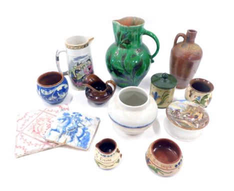 19thC and later ceramics, comprising Torquay wares, Campolide jar, Prattware pot lid, painted ceramic tiles, stoneware green 