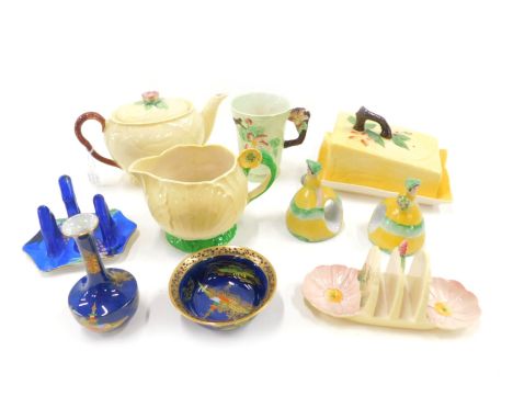 Carltonware ceramics, comprising tea pot, toast rack, butter dish, and cover, tea cup, a Carltonware lustre bowl and miniatur