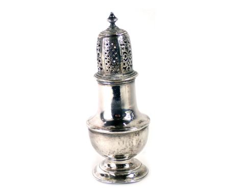 A George III silver sugar shaker, with finial top, on a bulbous plain stem, London 1784, 3.70oz. 