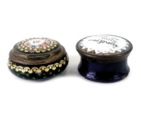 Two enamel pill boxes, comprising a Bilston blue and white enamel pill box inscribed 'You are witty and pretty', and another 