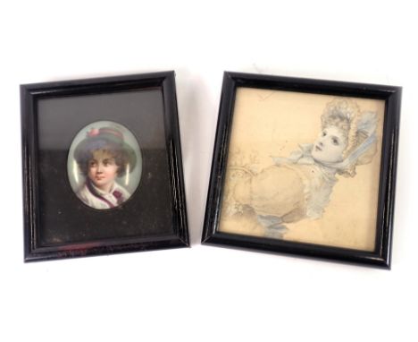 Two 19thC and later miniatures, comprising a Continental porcelain plaque, depicting child in green cap, in black bordered fr