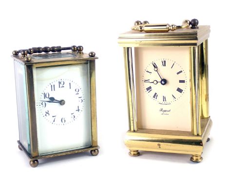 Two brass cased carriage clocks, comprising a late 19thC example with white enamel numeric dial, and an openwork movement, st