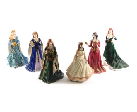 Six Royal Worcester and Coalport figures, comprising Royal Worcester The Rose of Camelot, The Chalice of Love, The Fair Maide