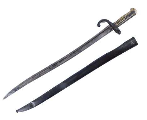 A bayonet and scabbard, number to scabbard R.75825, with a brass handle, 68cm long.